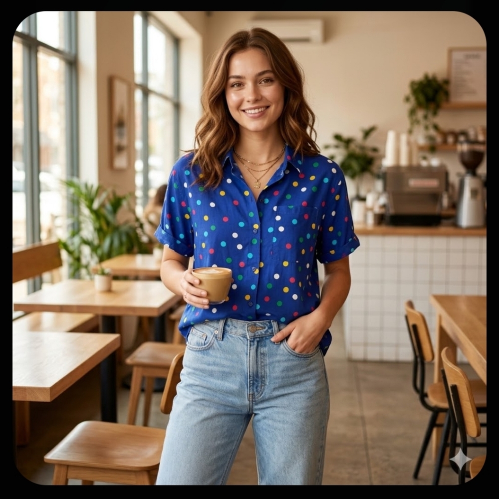 Women's Vintage Impressions of California Blue Polka Dot Button Up Shirt‎ Small